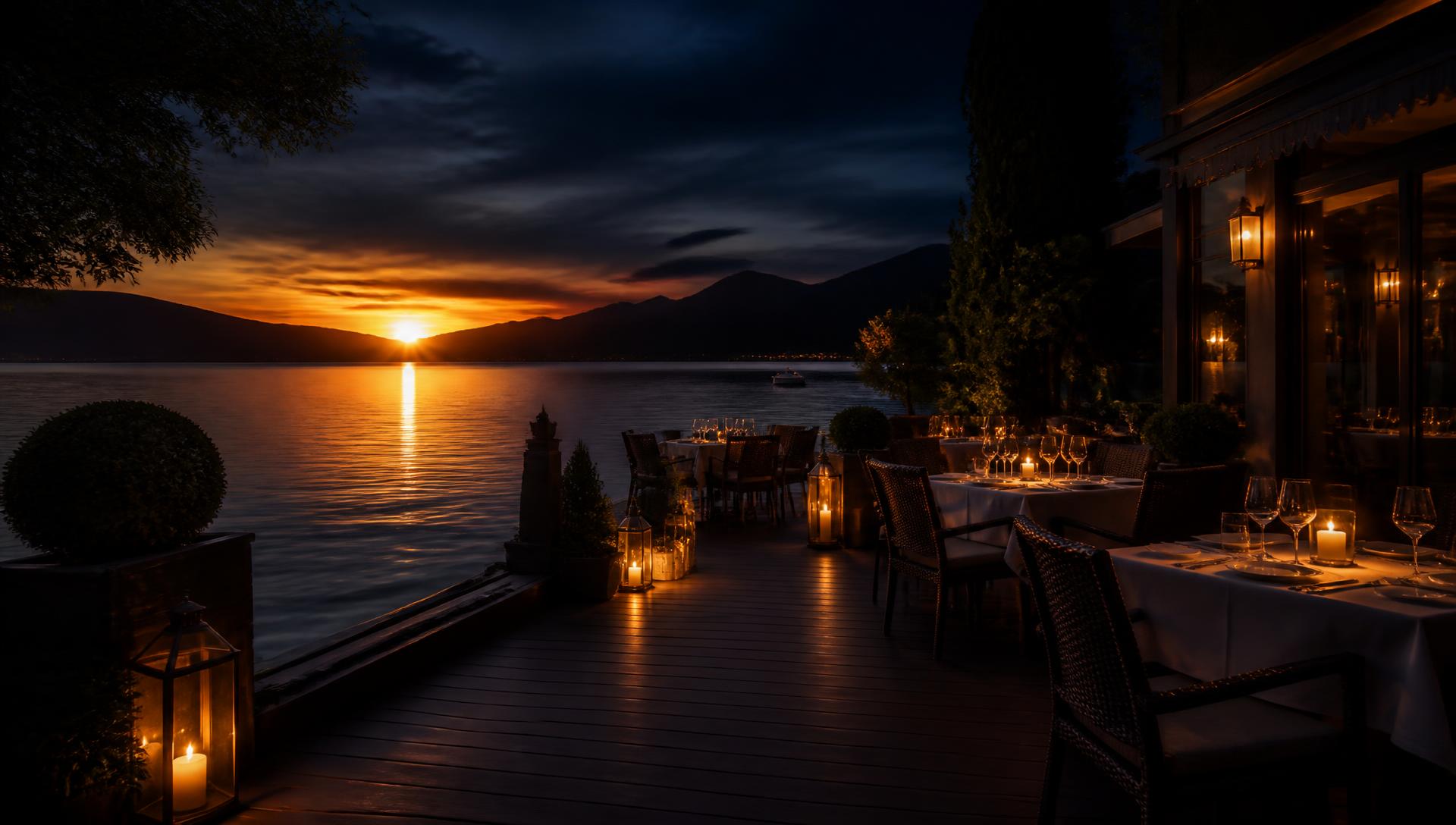 Terrasse des Blue Lagune am See in der Abenddämmerung